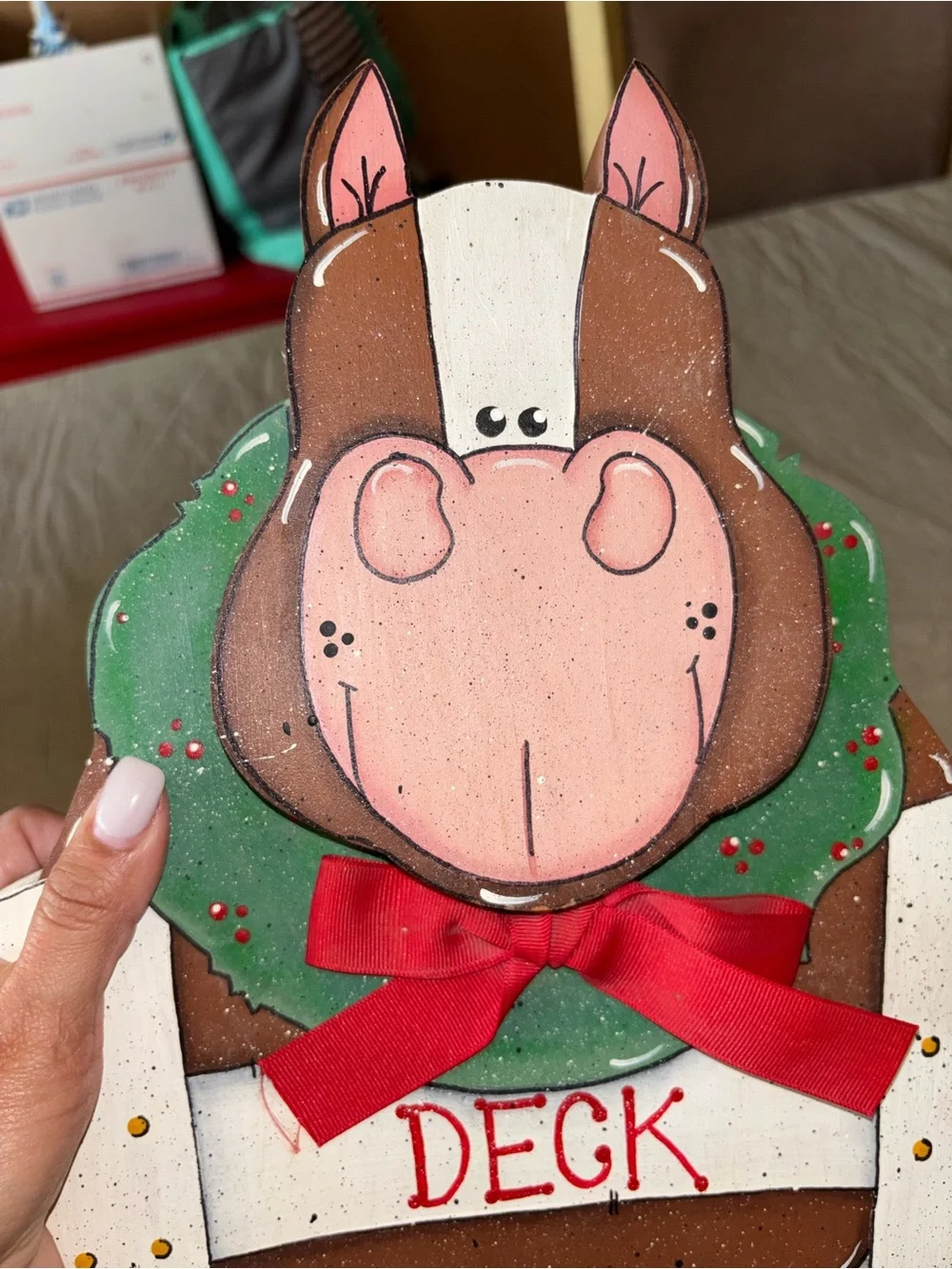 Hand-Painted Holiday Horse Door Hanger - Brown/Pink